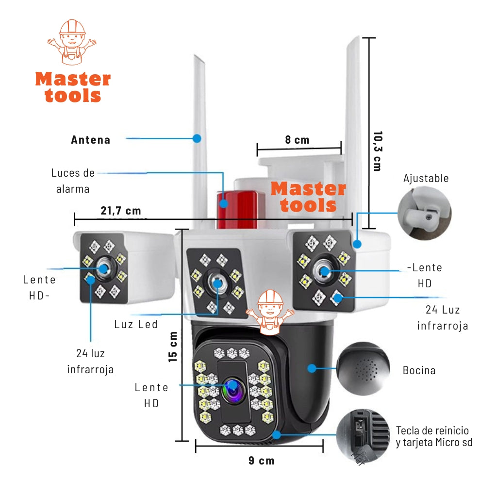 Cámara de Seguridad WiFi 3 en 1 – 3 Lentes 6K | Visión Nocturna + Alarma + Zoom