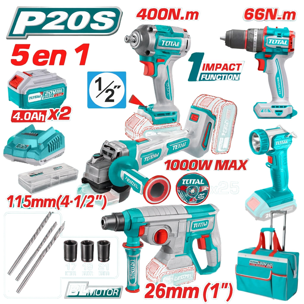 Combo Industrial 20V (5 en 1) – Taladro 66Nm + Llave de Impacto 400Nm + Pulidora 1000W + Rotomartillo 5000RPM + Linterna 5W – 2 Baterías 4.0Ah – 100% Original – 1 Año de Garantía Certificada