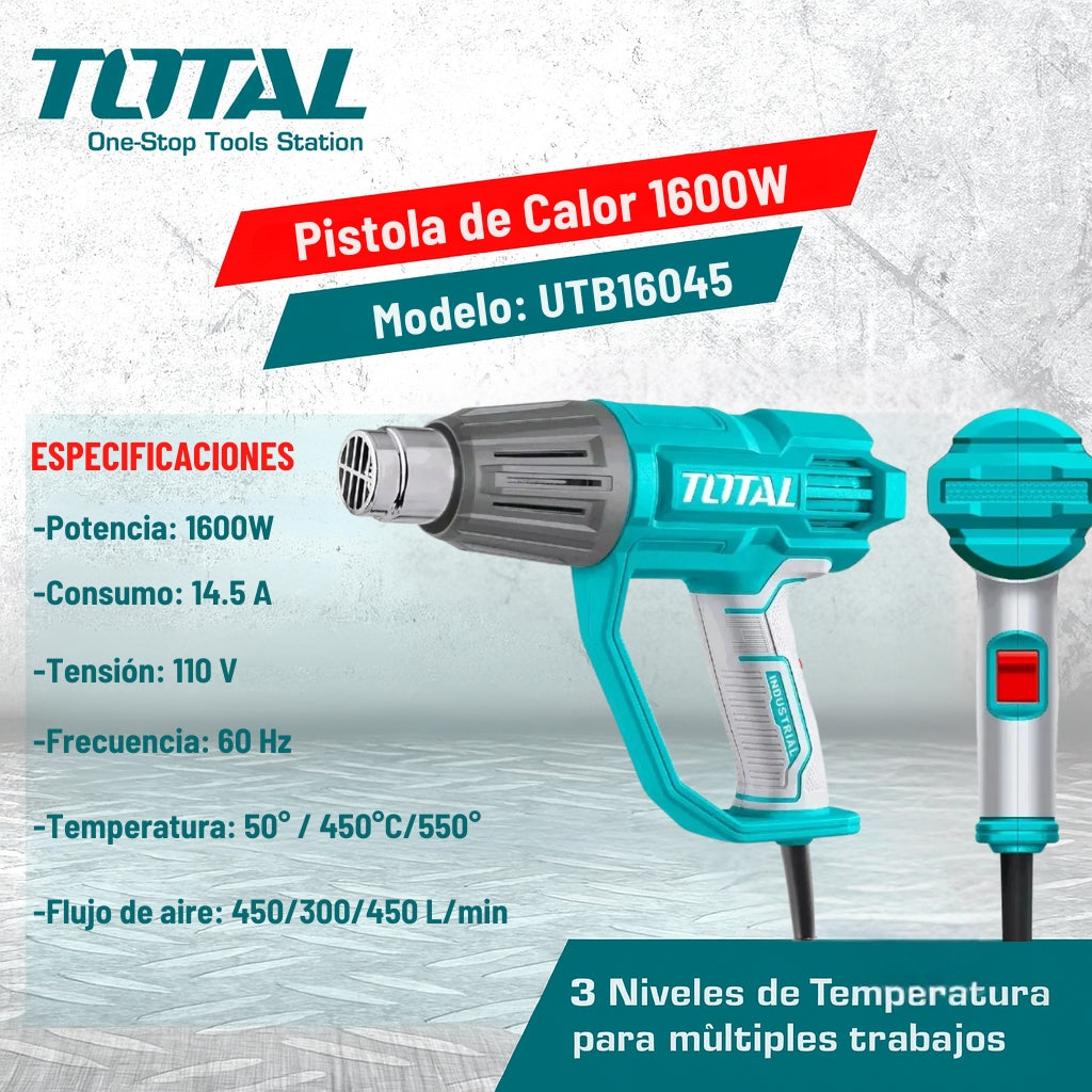 Pistola de Calor TOTAL 1600W – Control de Temperatura + 3 Boquillas y Rascador (UTB16045)