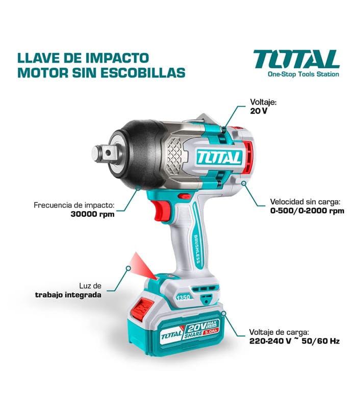 Llave de Impacto TOTAL Original 3/4” – 1350 Nm para Ajustar, 1900 Nm para Aflojar, con 1 Año de Garantía